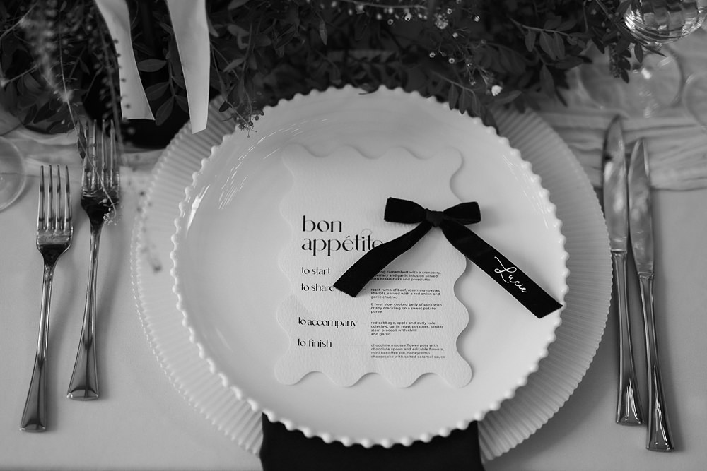 Chic Monochrome Wedding Inspiration Emma Collyer Photography Place Setting Bow Name Napkin Menu Card