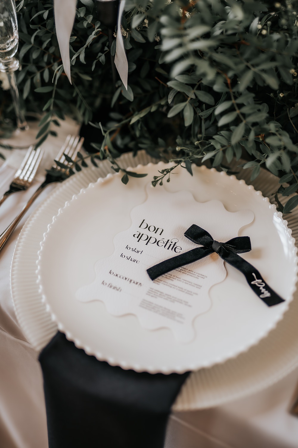 Chic Monochrome Wedding Inspiration Emma Collyer Photography Place Setting Bow Name Napkin Menu Card