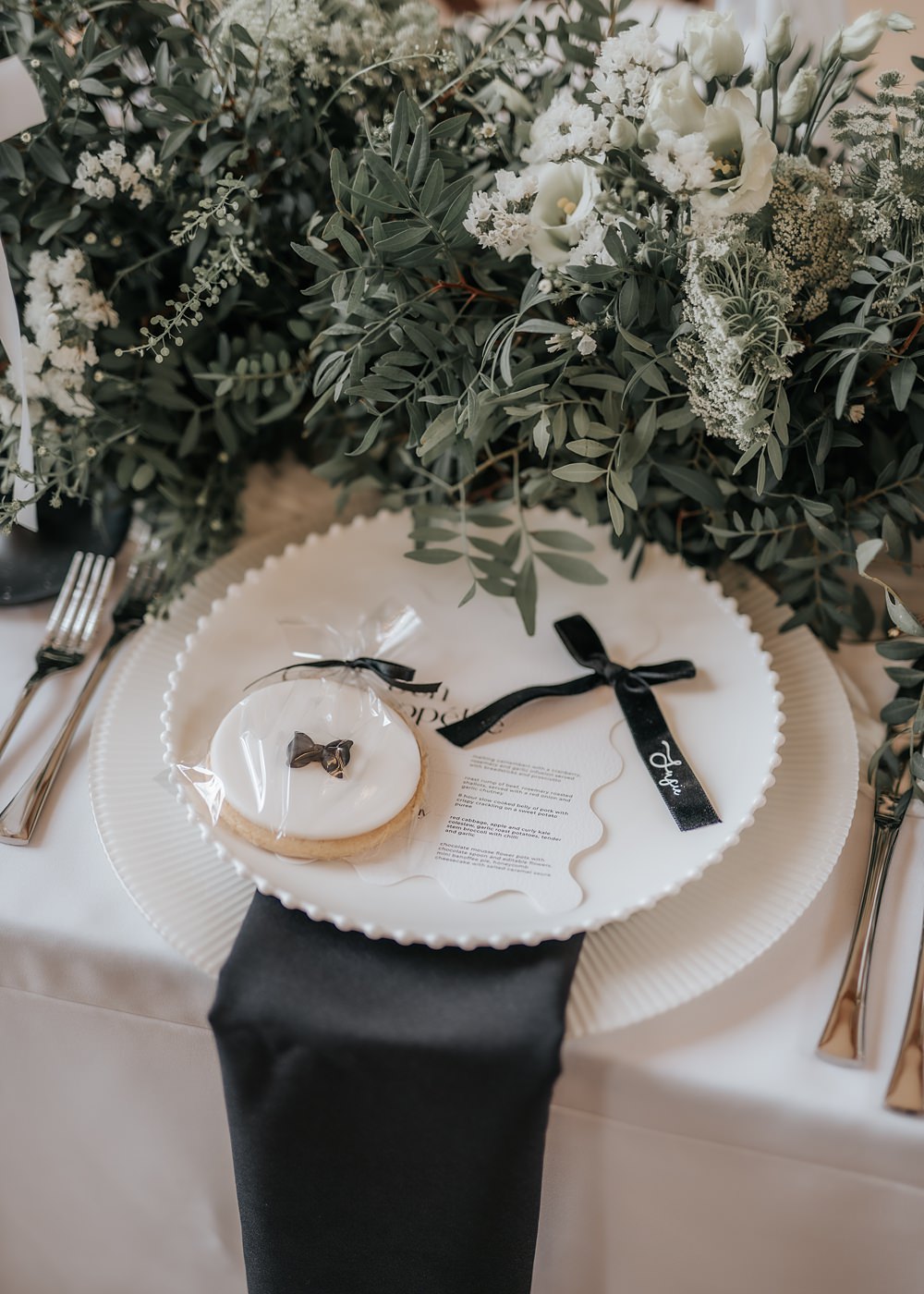 Chic Monochrome Wedding Inspiration Emma Collyer Photography Place Setting Bow Name Napkin Menu Card