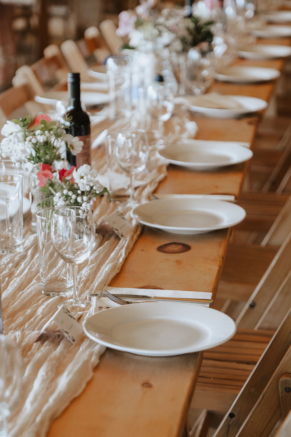 Church Tipi Wedding Charlotte Wotton Photography Long Rustic Wooden Table White Runner Flowers