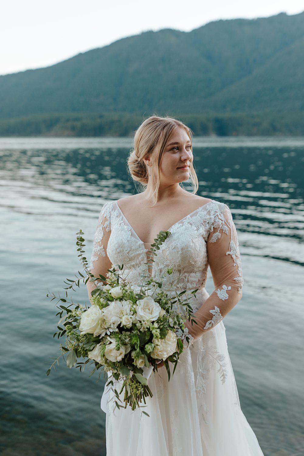 Fern Acres Forks Wedding Brianna Parks Photography Bride Lace Long Sleeve Dress Bouquet Flowers Bride White Greenery