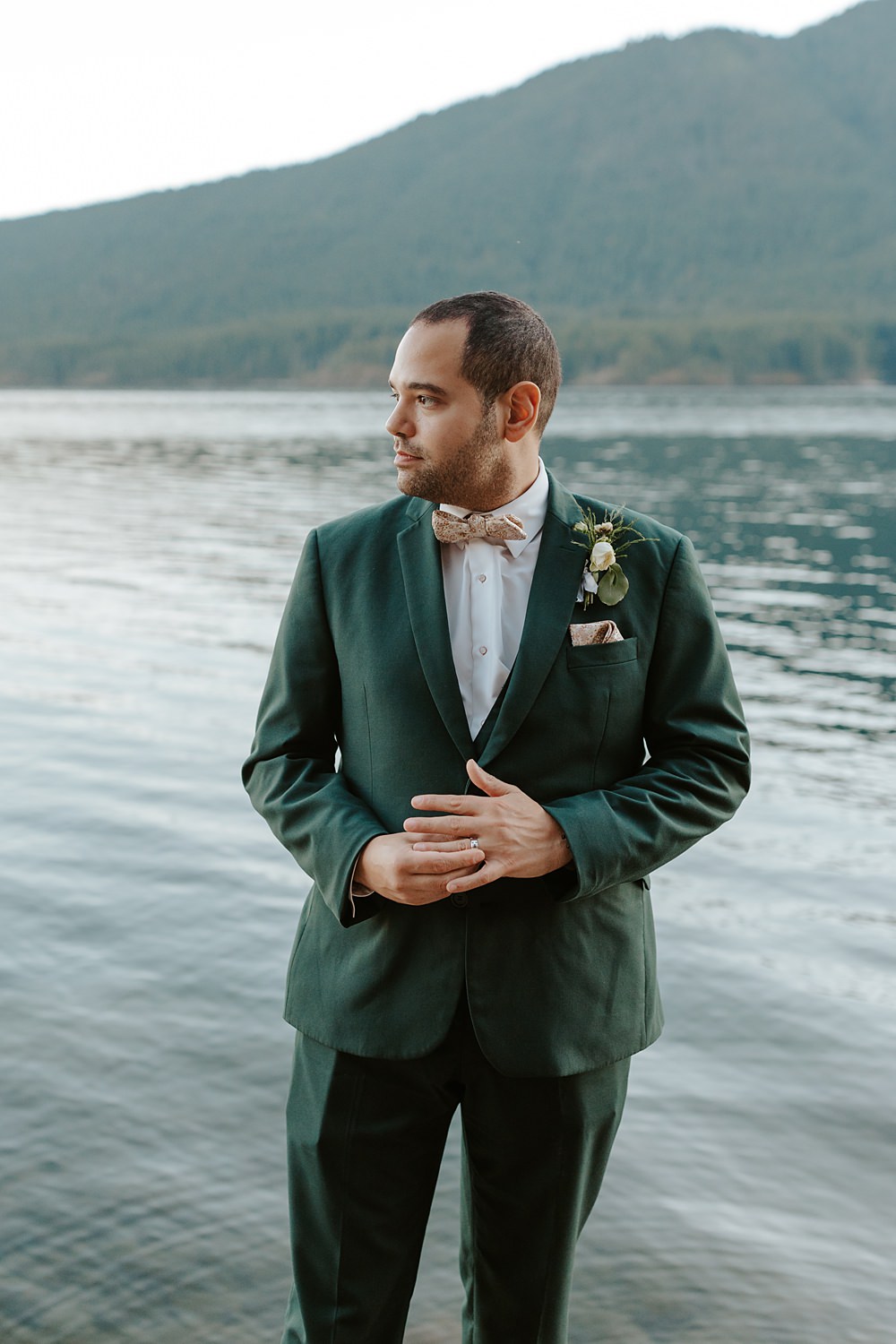 Fern Acres Forks Wedding Brianna Parks Photography Green Suit Bow Tie Groom