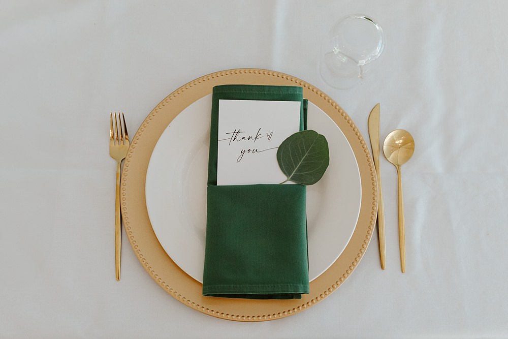 Fern Acres Forks Wedding Brianna Parks Photography Place Setting Gold Green