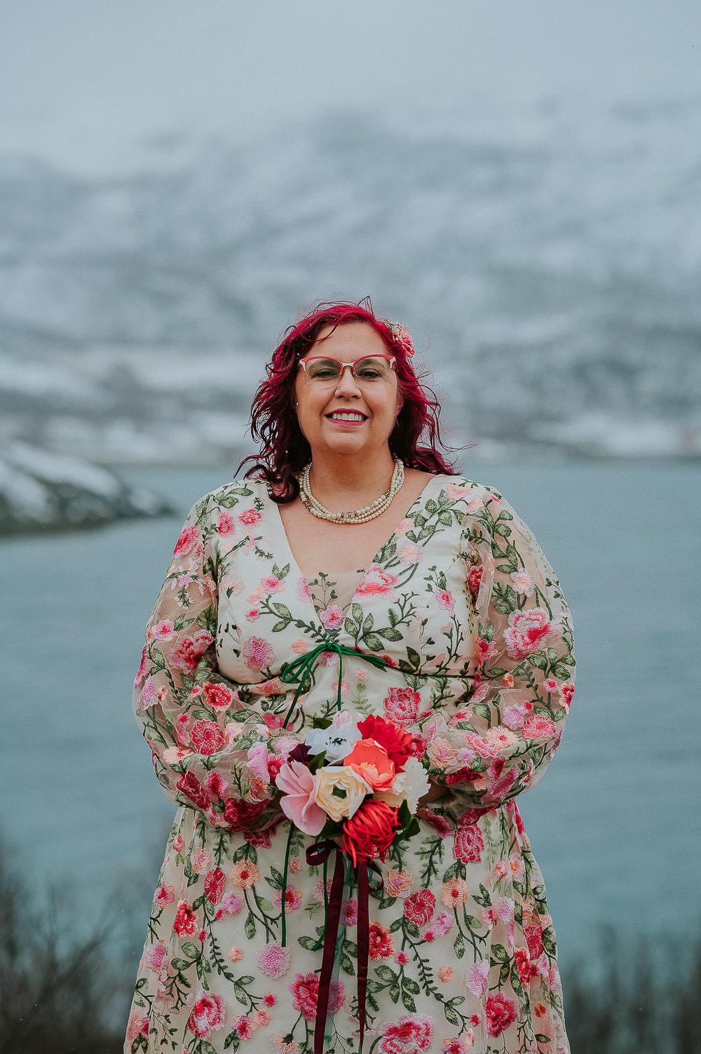 Northern Lights Elopement TS Foto Design Bride Floral Colourful Dress Gown