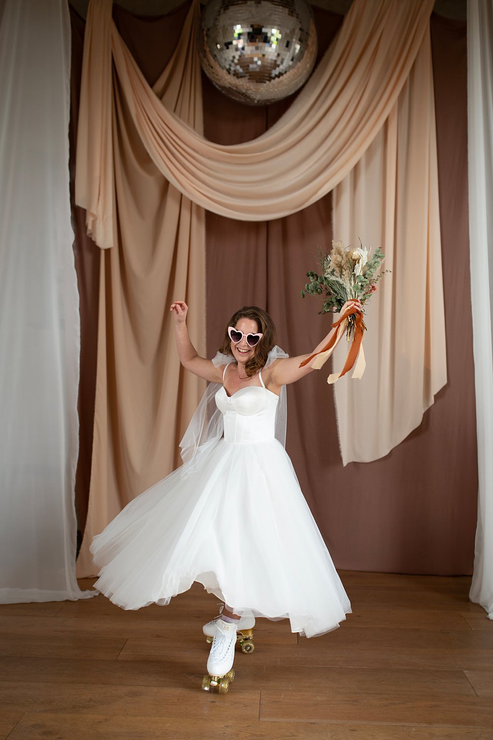 Roller Disco Wedding Ideas Heather Winstanley Photography Short Tea Length Dress Bride