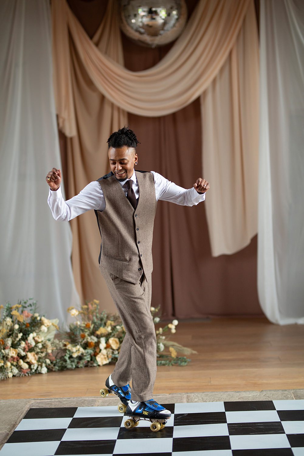 Roller Disco Wedding Ideas Heather Winstanley Photography Groom Suit Brown Waistcoat