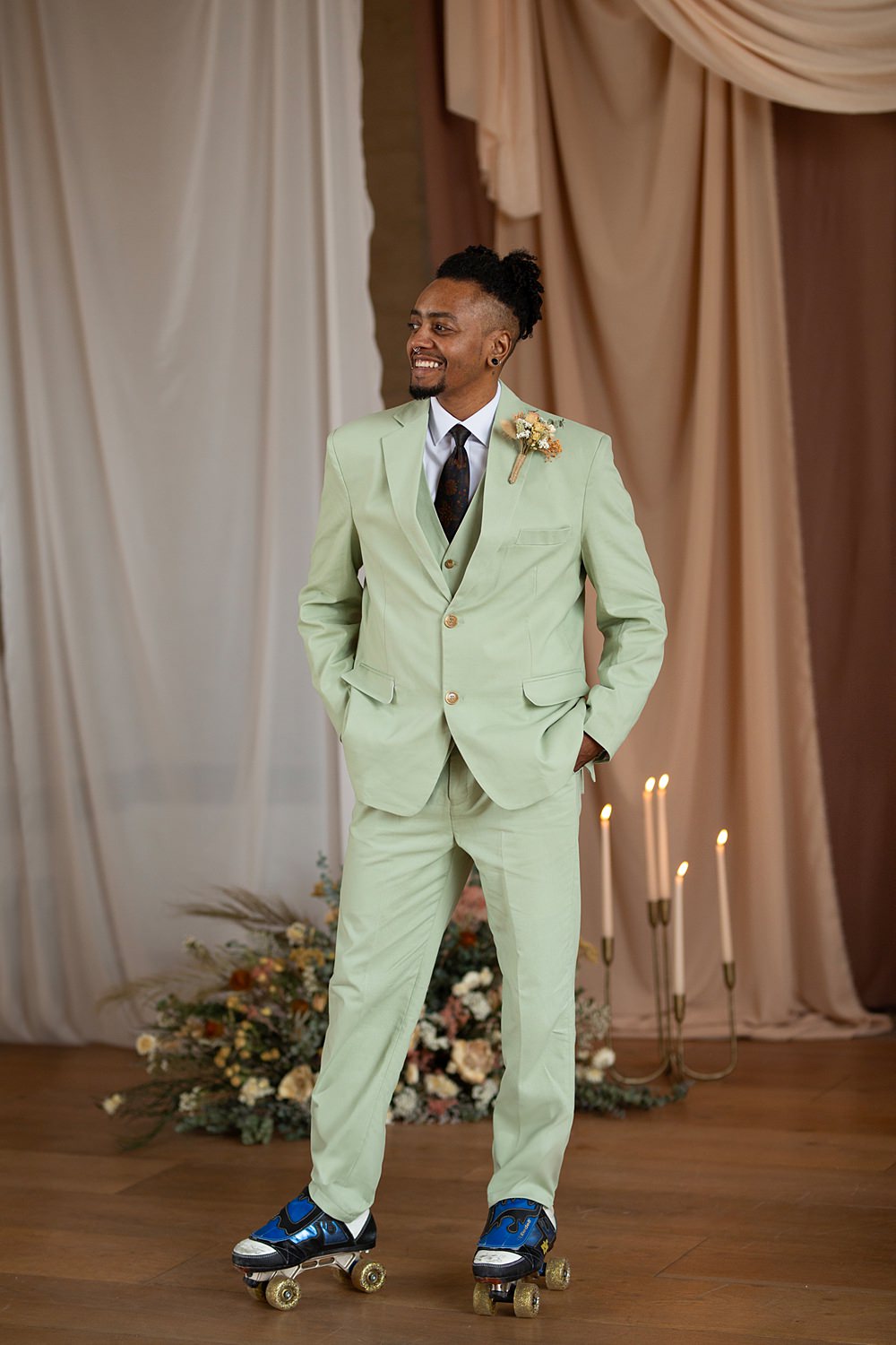 Roller Disco Wedding Ideas Heather Winstanley Photography Lime Green Suit Groom