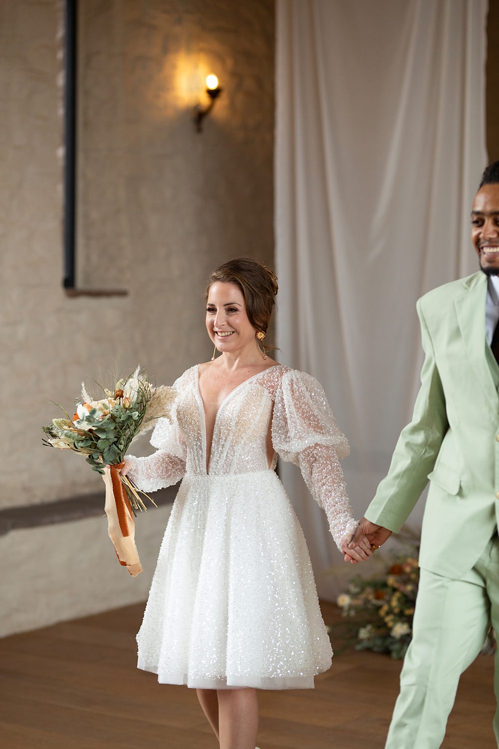 Roller Disco Wedding Ideas Heather Winstanley Photography Short Dress Bride Long Sleeves