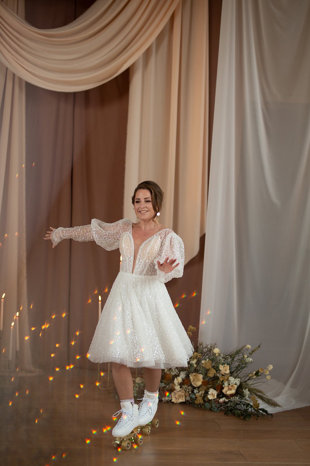 Roller Disco Wedding Ideas Heather Winstanley Photography Short Dress Bride Long Sleeves