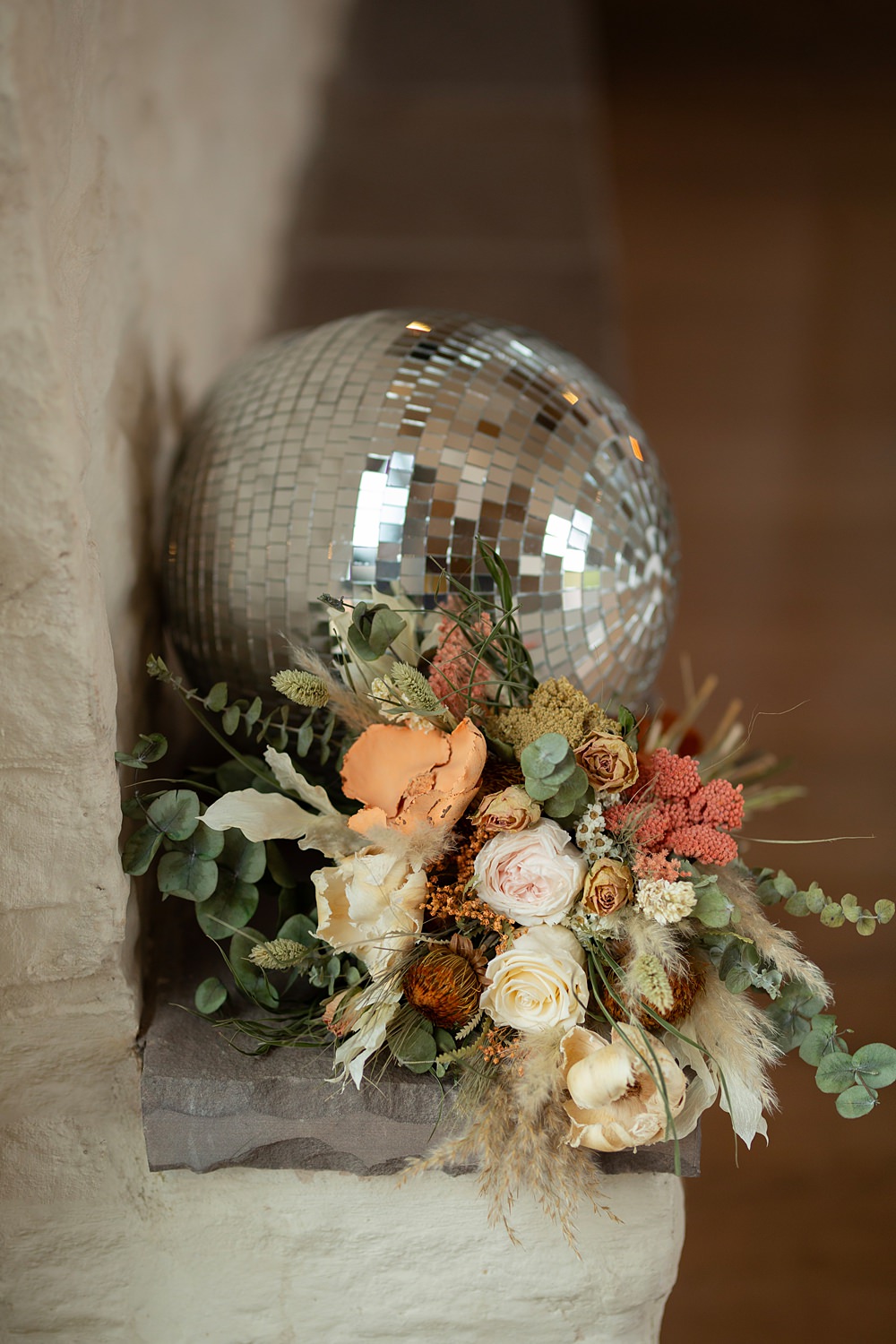 Roller Disco Wedding Ideas Heather Winstanley Photography Bouquet Flowers Bride Autumn Orange Blush Disco Ball