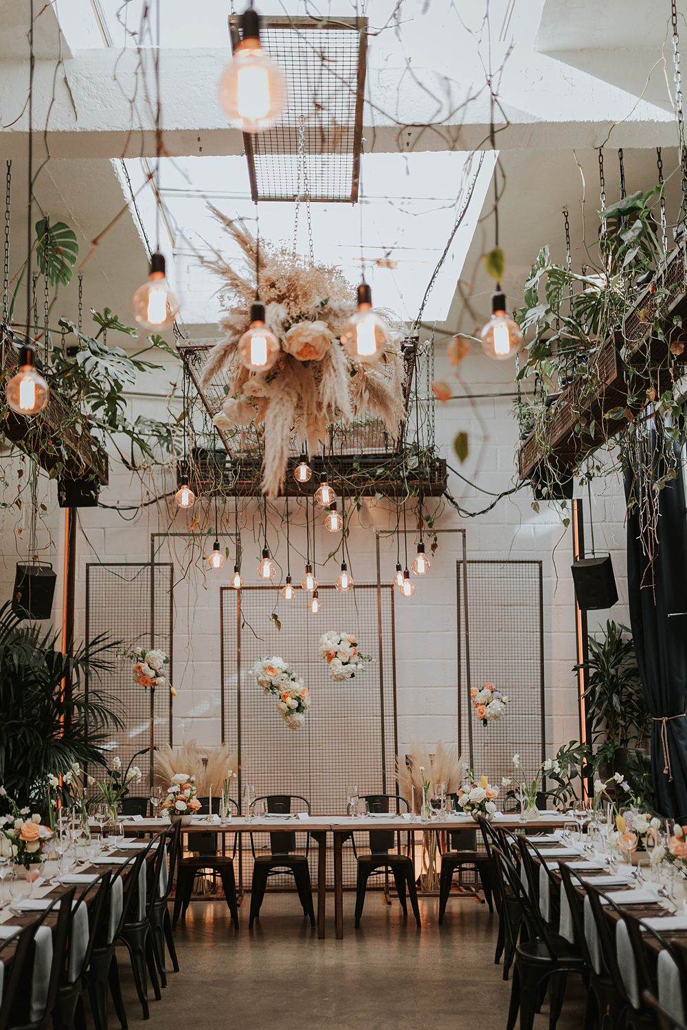 The Hackney Co Wedding Grace Pham Photography U Shape Table Festoon Lights Pampas Grass Decor