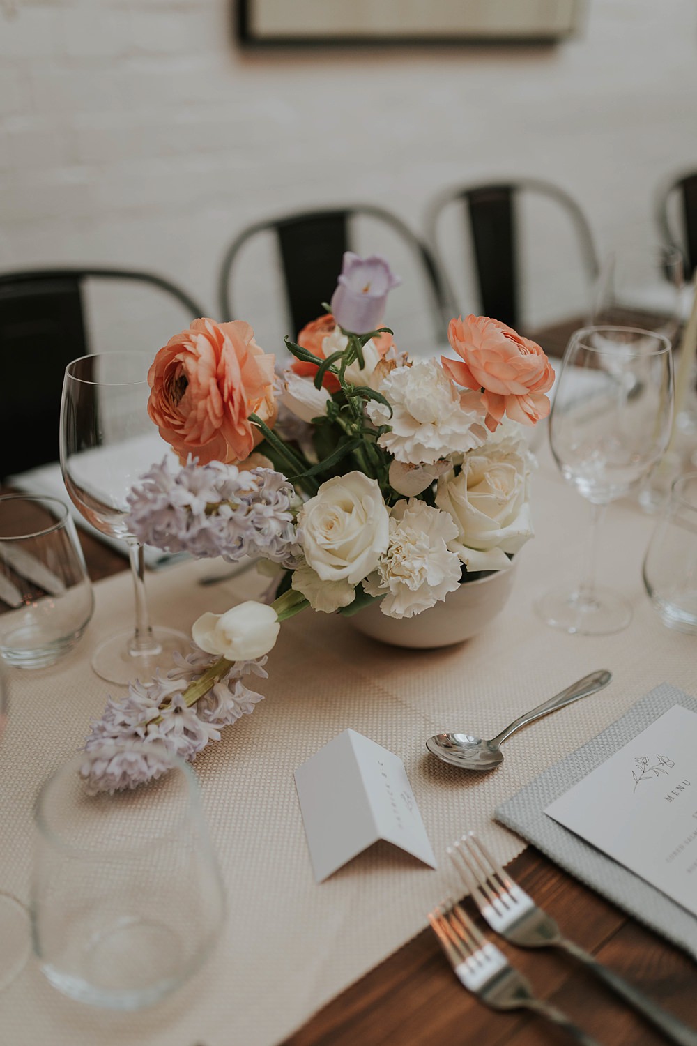 The Hackney Co Wedding Grace Pham Photography Centrepiece Bowl Flowers Spring Peach Cream