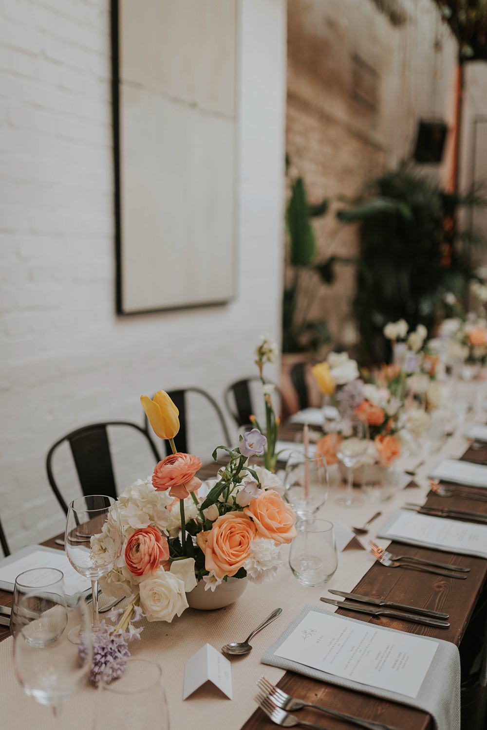 The Hackney Co Wedding Grace Pham Photography Centrepiece Bowl Flowers Spring Peach Cream Runner