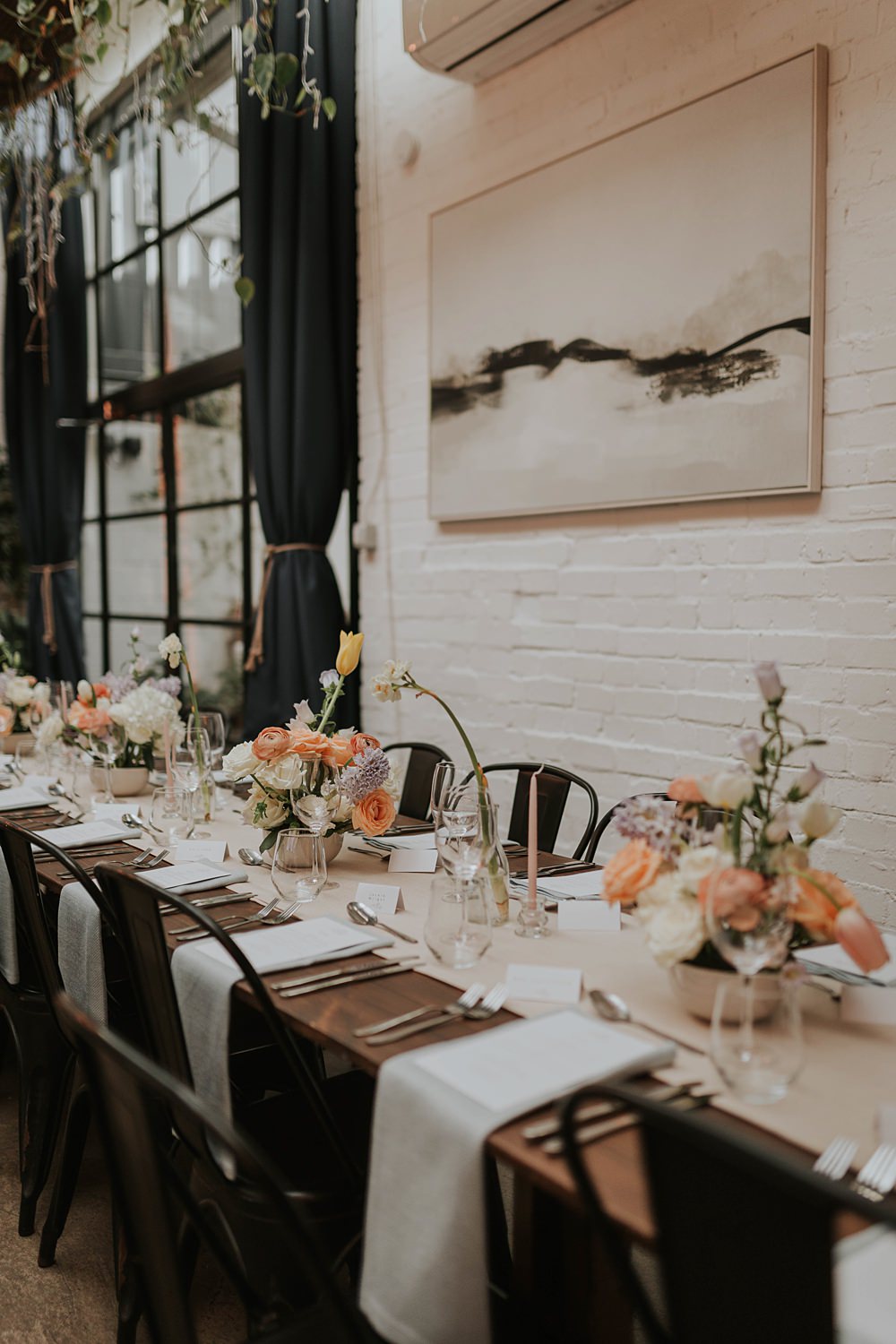 The Hackney Co Wedding Grace Pham Photography Centrepiece Bowl Flowers Spring Peach Cream Runner