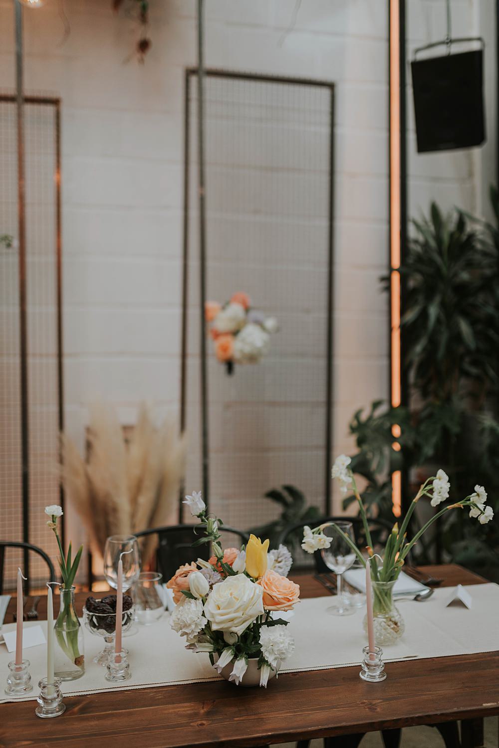 The Hackney Co Wedding Grace Pham Photography Centrepiece Bowl Flowers Spring Peach Cream Runner