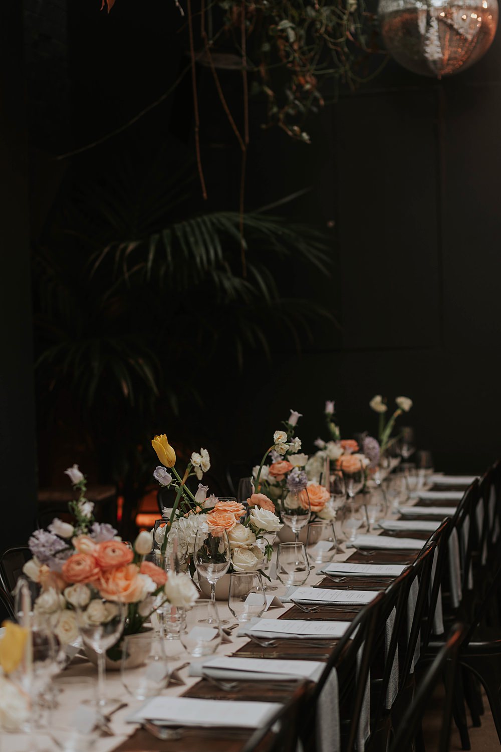 The Hackney Co Wedding Grace Pham Photography Centrepiece Bowl Flowers Spring Peach Cream Long Table Decor