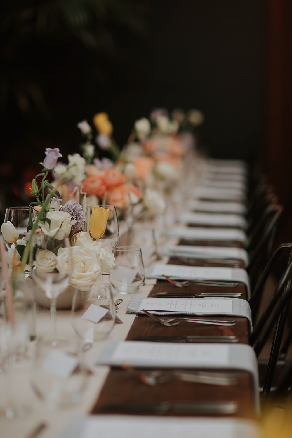 The Hackney Co Wedding Grace Pham Photography Centrepiece Bowl Flowers Spring Peach Cream Long Table Decor
