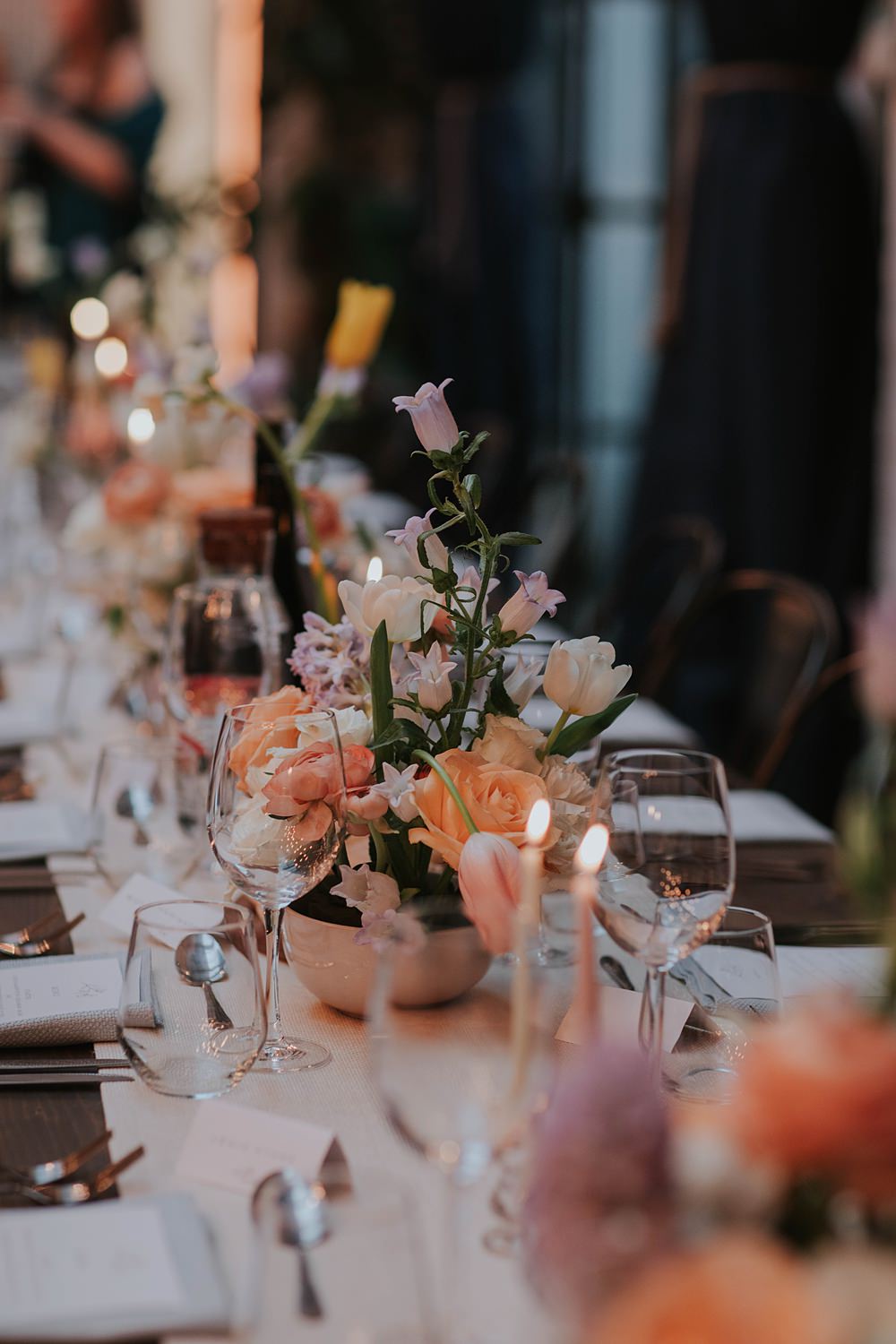 The Hackney Co Wedding Grace Pham Photography Centrepiece Bowl Flowers Spring Peach Cream Long Table Decor Candles