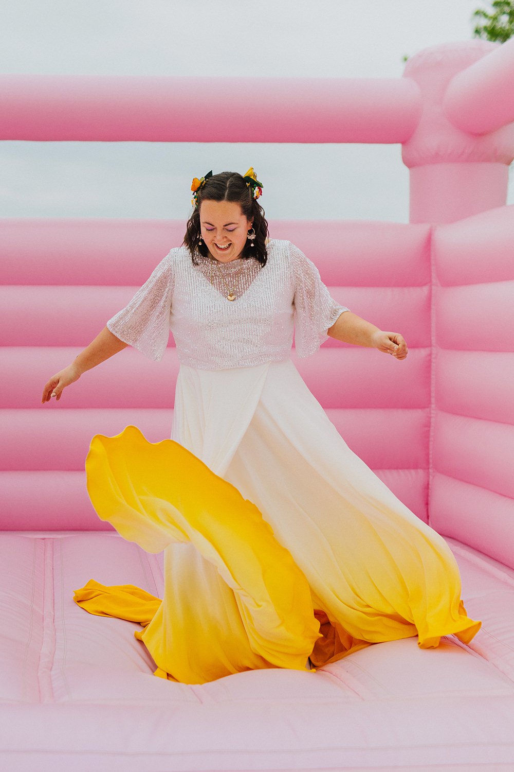Colourful DIY Tipi Garden Wedding Lily North Photography Yellow Dip Dye Sequin Dress