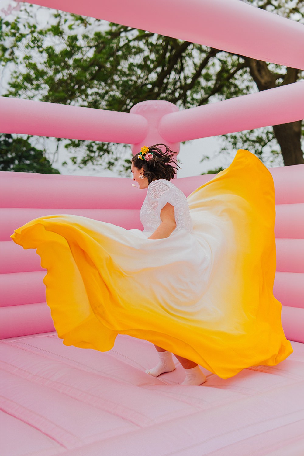 Colourful DIY Tipi Garden Wedding Lily North Photography Yellow Dip Dye Sequin Dress