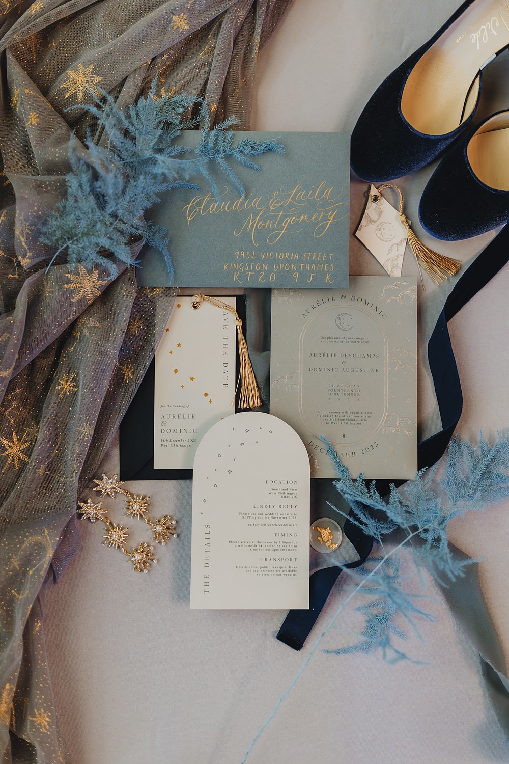 Cool Tone Celestial Wedding Ideas Hannah Richards Photography Blue Green Gold Stationery Invites