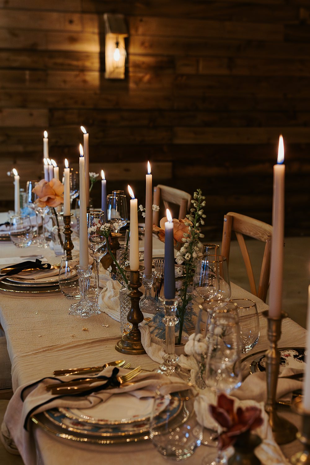Cool Tone Celestial Wedding Ideas Hannah Richards Photography Tall Candles Flowers Table Decor