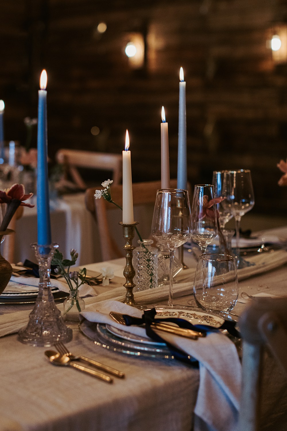 Cool Tone Celestial Wedding Ideas Hannah Richards Photography Tall Candles Flowers Table Decor