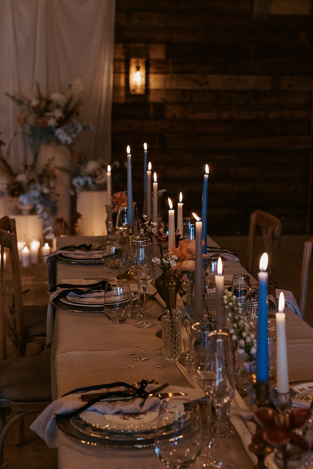 Cool Tone Celestial Wedding Ideas Hannah Richards Photography Tall Candles Flowers Table Decor