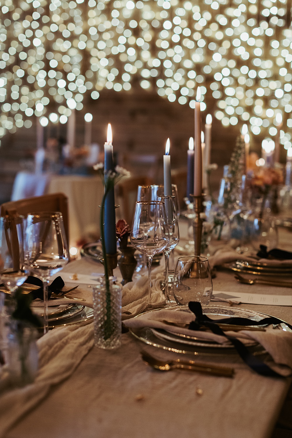Cool Tone Celestial Wedding Ideas Hannah Richards Photography Tall Candles Flowers Table Decor Fairy Lights