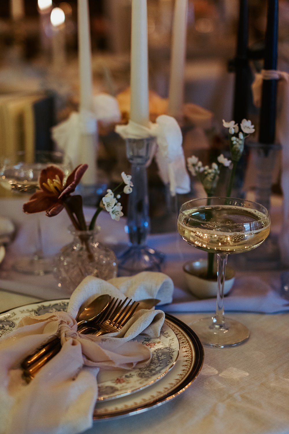 Cool Tone Celestial Wedding Ideas Hannah Richards Photography Tall Candles Flowers Table Decor Drink