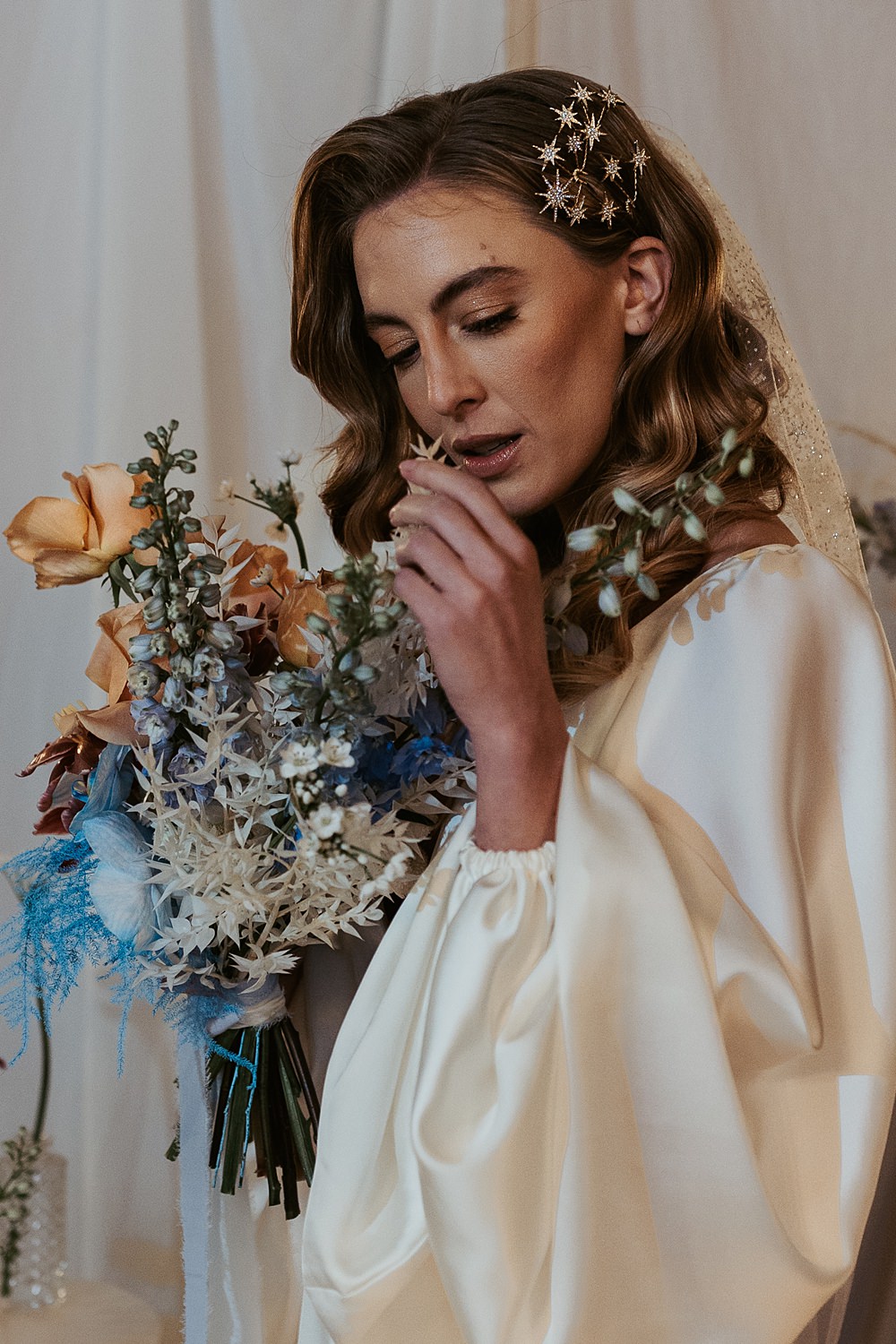 Cool Tone Celestial Wedding Ideas Hannah Richards Photography Bouquet Flowers Peach Blue