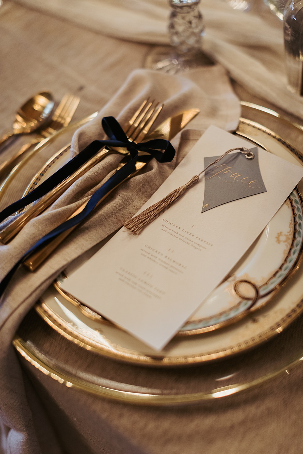 Cool Tone Celestial Wedding Ideas Hannah Richards Photography Menu Card Place Name Tassel