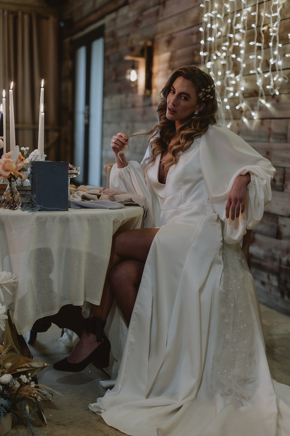 Cool Tone Celestial Wedding Ideas Hannah Richards Photography Long Sleeve Dress Gown
