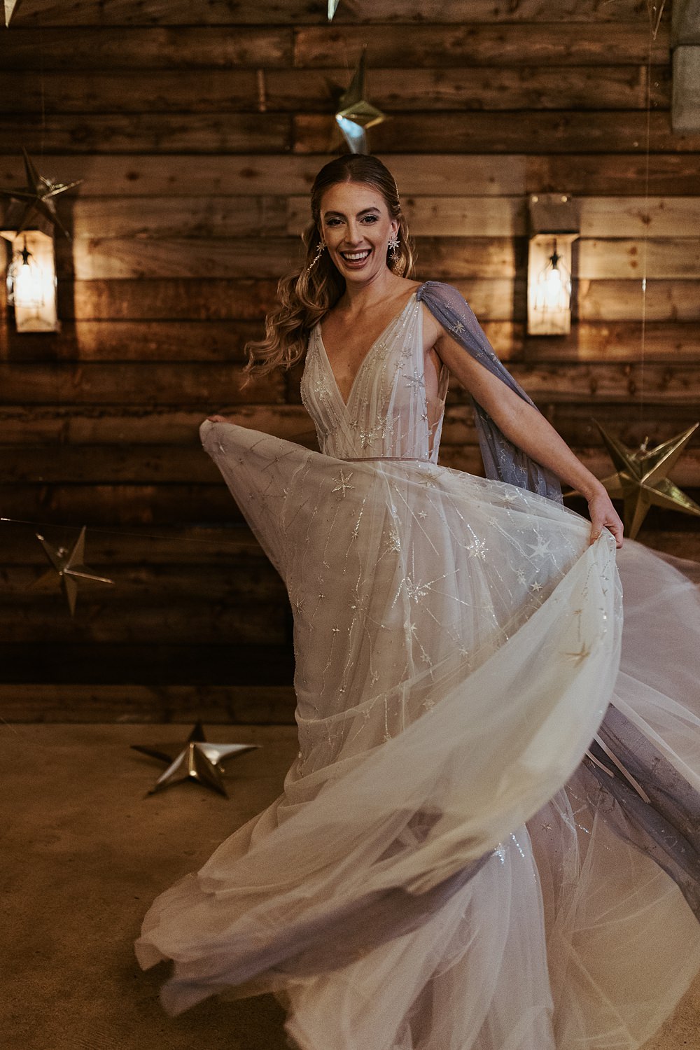Cool Tone Celestial Wedding Ideas Hannah Richards Photography Star Gown Veil Bride