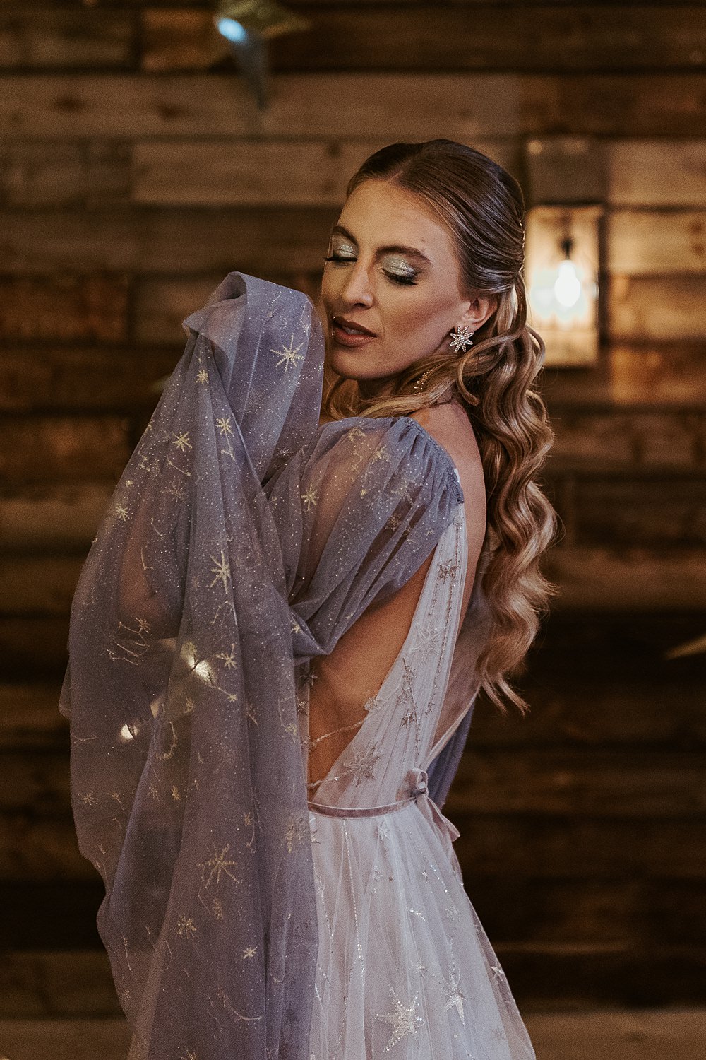 Cool Tone Celestial Wedding Ideas Hannah Richards Photography Star Gown Veil Bride