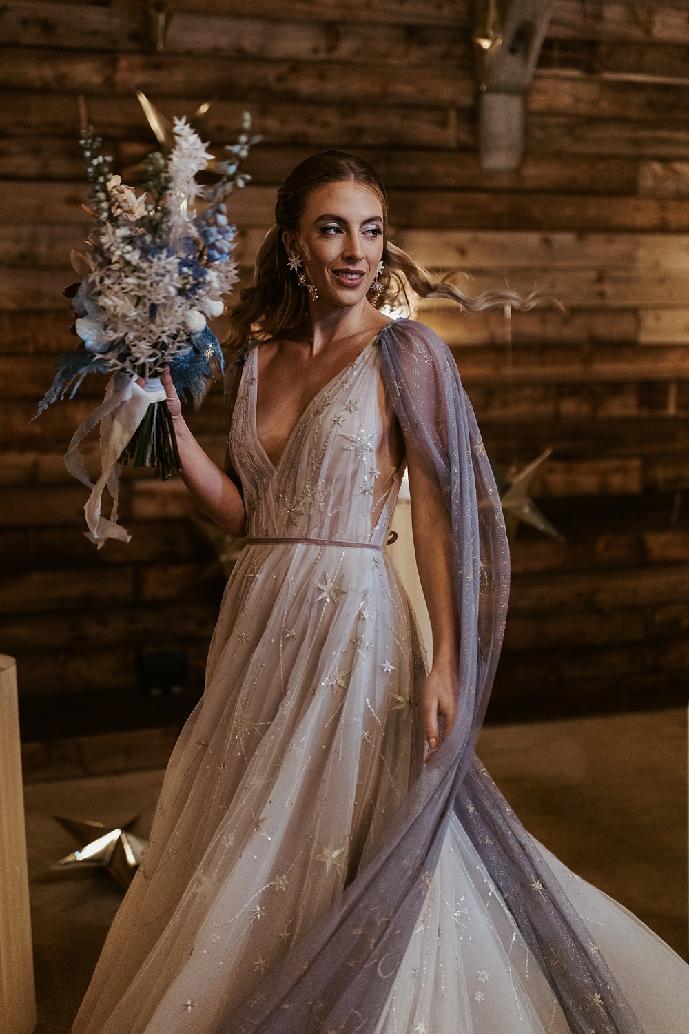 Cool Tone Celestial Wedding Ideas Hannah Richards Photography Star Gown Veil Bride