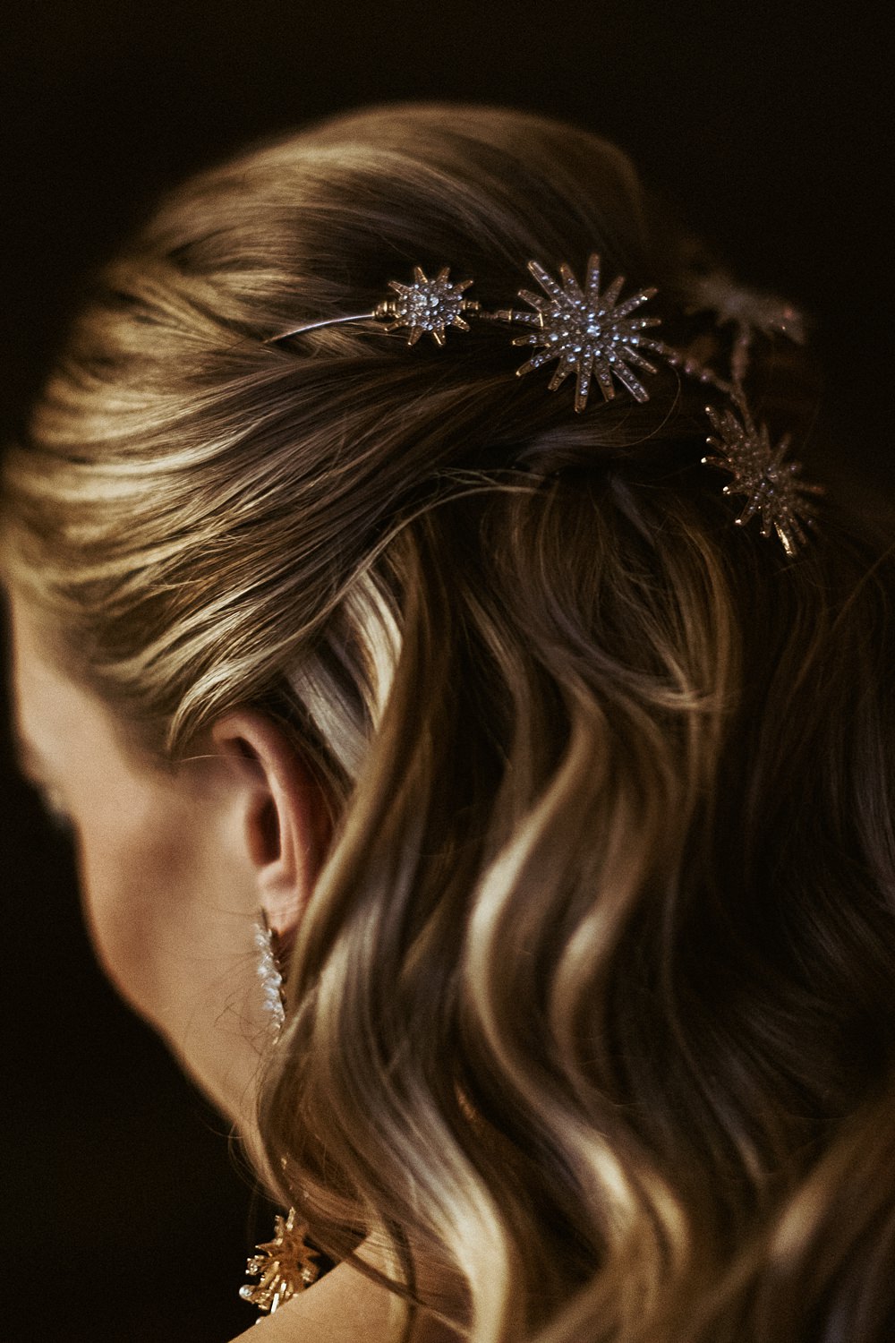 Cool Tone Celestial Wedding Ideas Hannah Richards Photography Star Hair Pins Half Up Down Hairstyle Bride