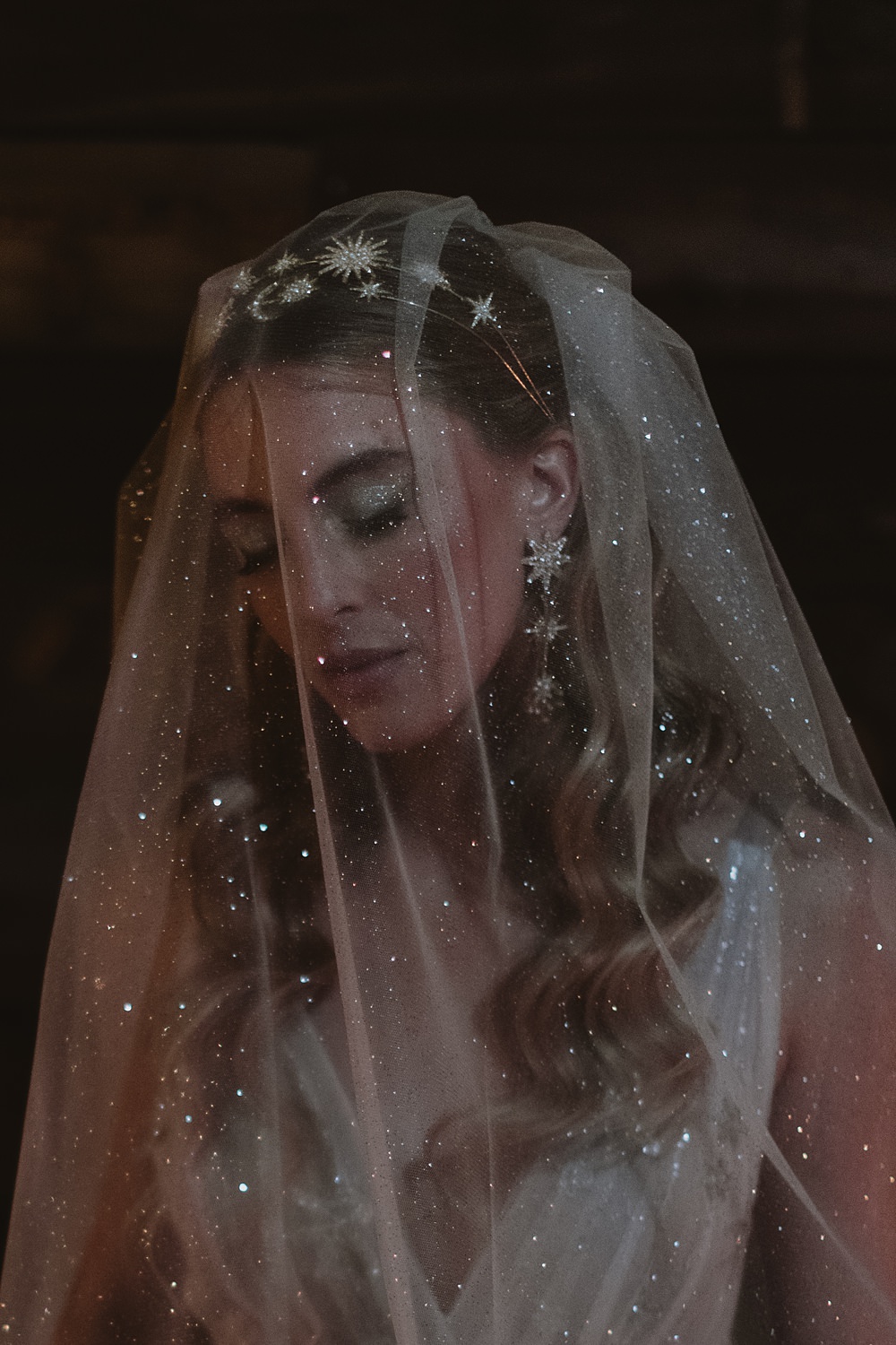 Cool Tone Celestial Wedding Ideas Hannah Richards Photography Glitter Veil Bride