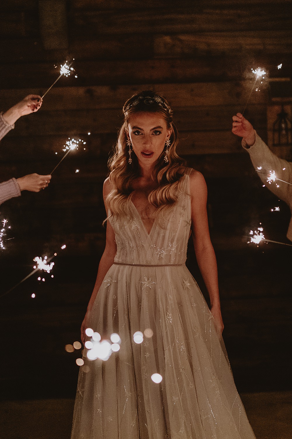 Cool Tone Celestial Wedding Ideas Hannah Richards Photography Sparkler Send Off Bride