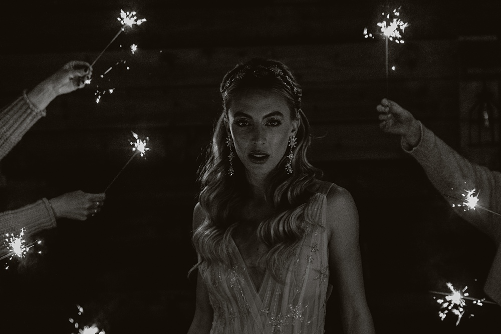 Cool Tone Celestial Wedding Ideas Hannah Richards Photography Sparkler Send Off Bride