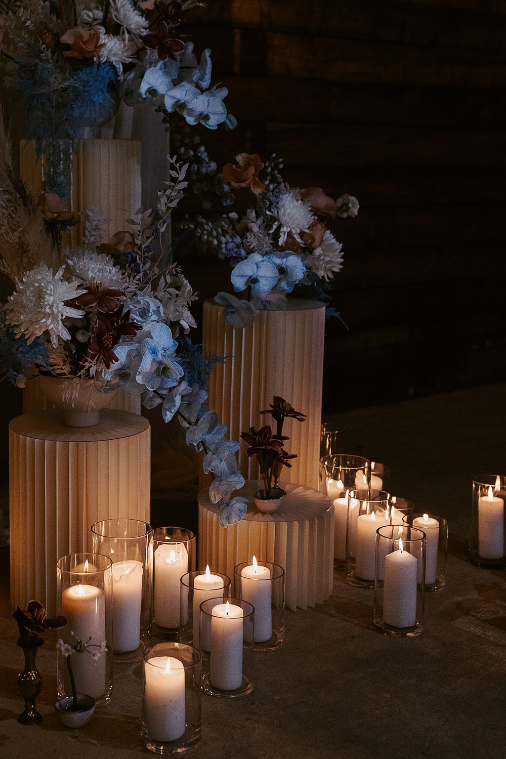 Cool Tone Celestial Wedding Ideas Hannah Richards Photography Flower Pillars Candles Decor