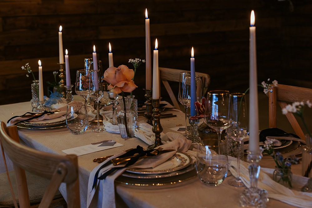 Cool Tone Celestial Wedding Ideas Hannah Richards Photography Tall Candles Flowers Table Decor