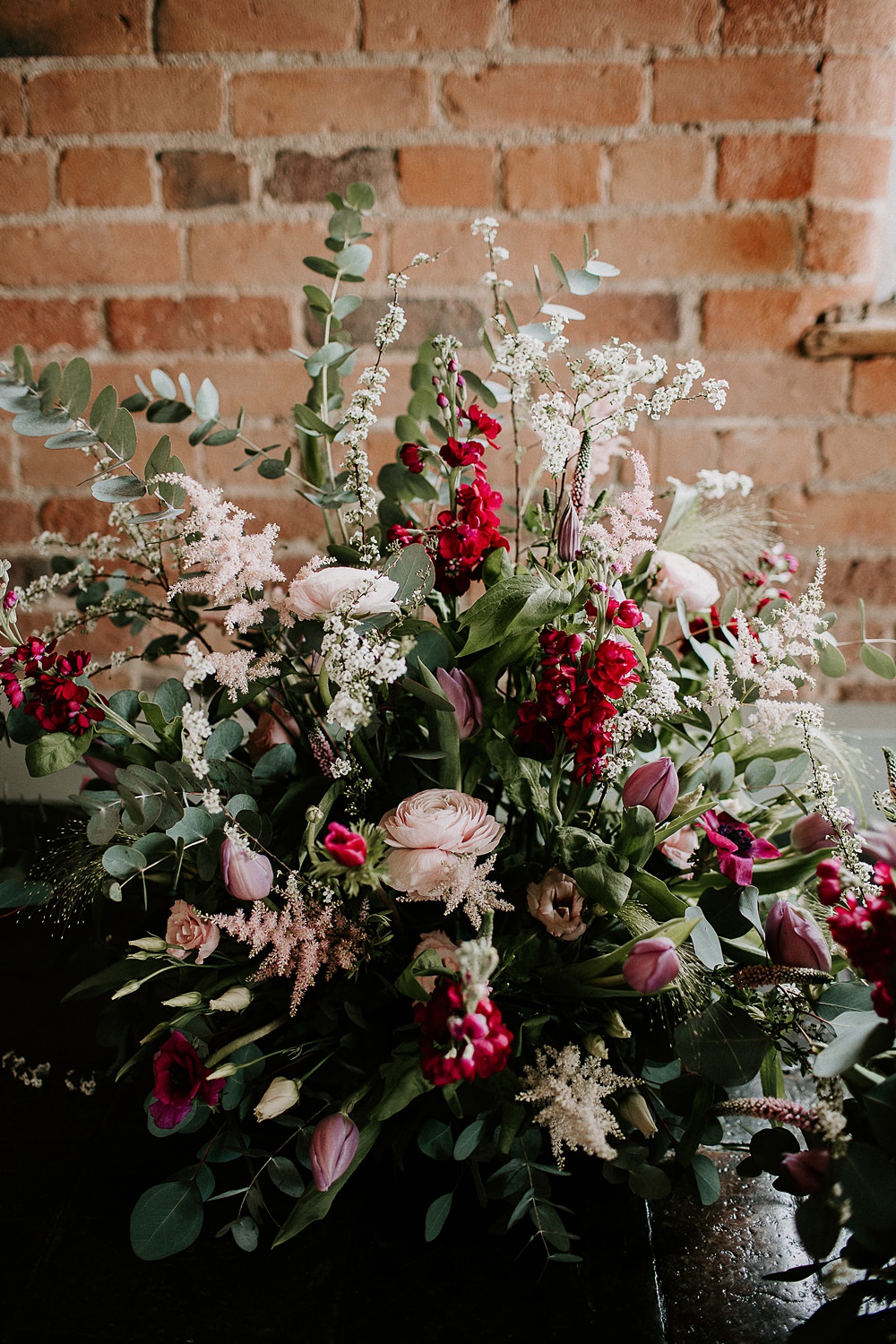 Industrial Spring Wedding Mirl & Co Floor Flower Arrangement Pink Red