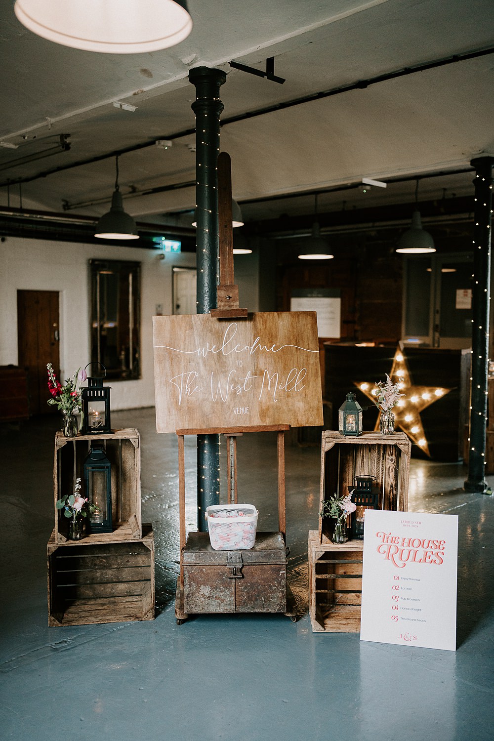 Industrial Spring Wedding Mirl & Co Wooden Welcome Sign Crates Boxes