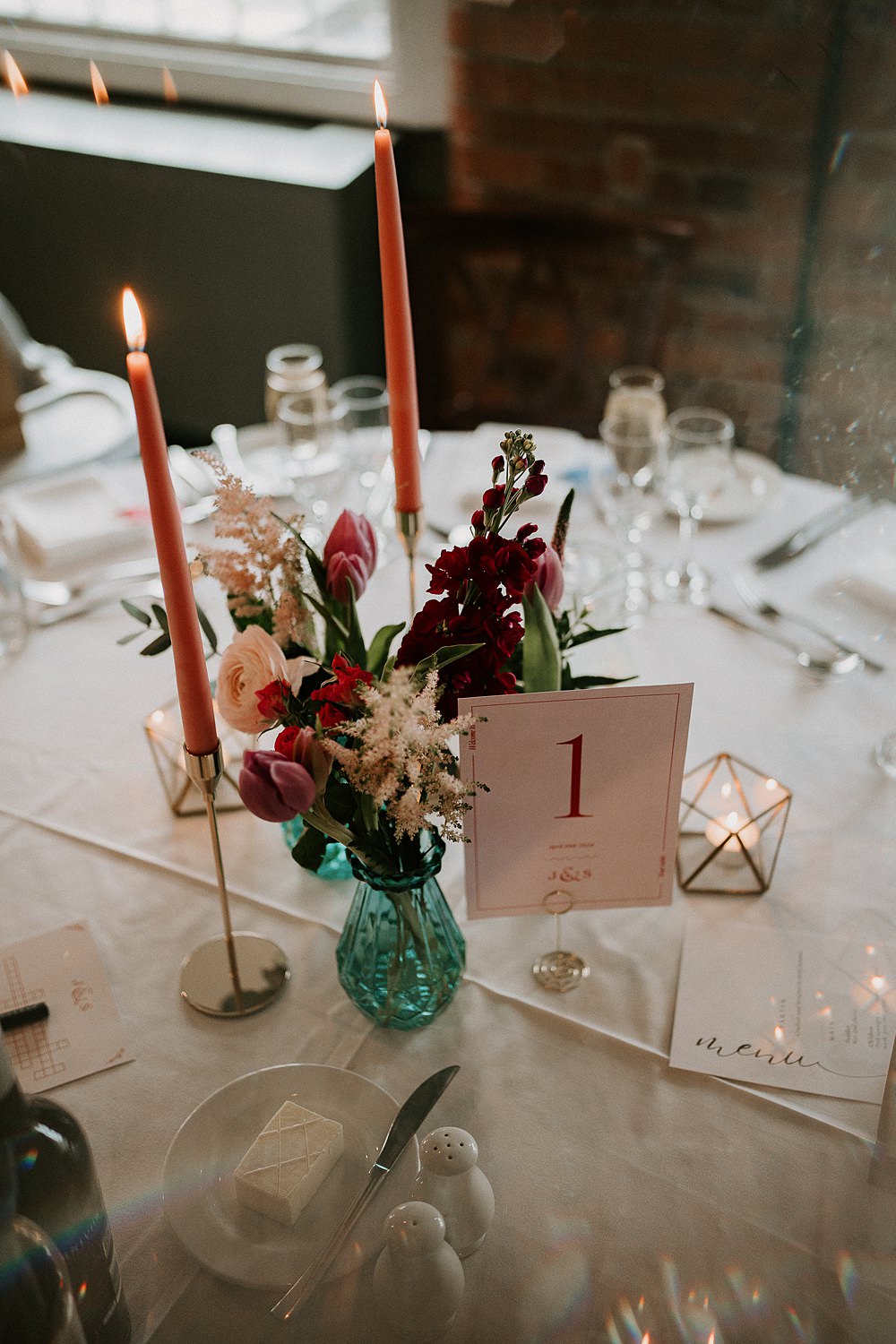 Industrial Spring Wedding Mirl & Co Centrepiece Pink Red Flowers Tall Candles