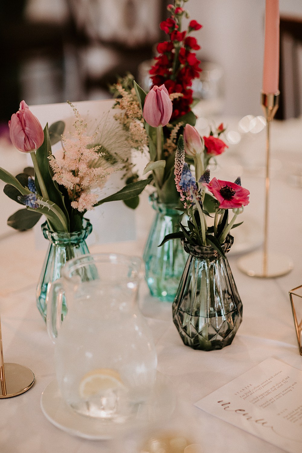 Industrial Spring Wedding Mirl & Co entrepiece Pink Red Flowers Tall Candles