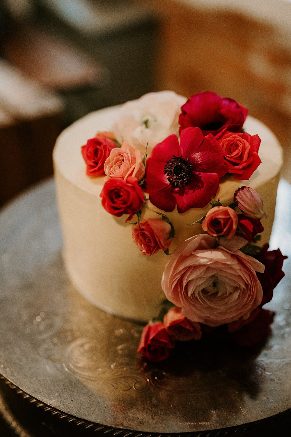 Industrial Spring Wedding Mirl & Co Single Tier Cake Flowers Red Pink