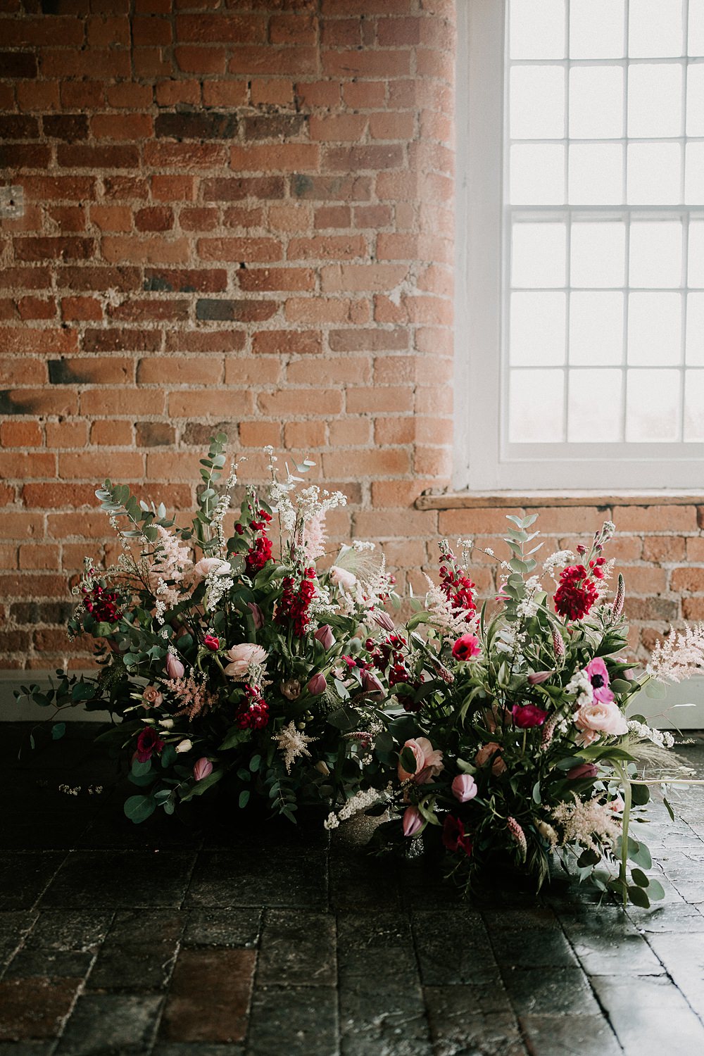 Industrial Spring Wedding Mirl & Co Floor Flower Arrangement Pink Red