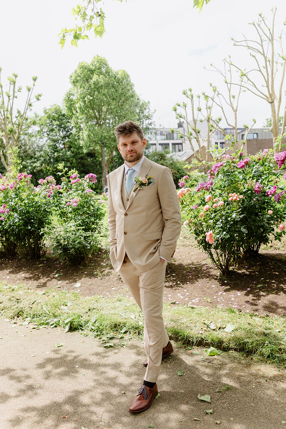 Prince Albert Camden Wedding Heather Sham Photography Groom Cream Tan Suit Blue Tie