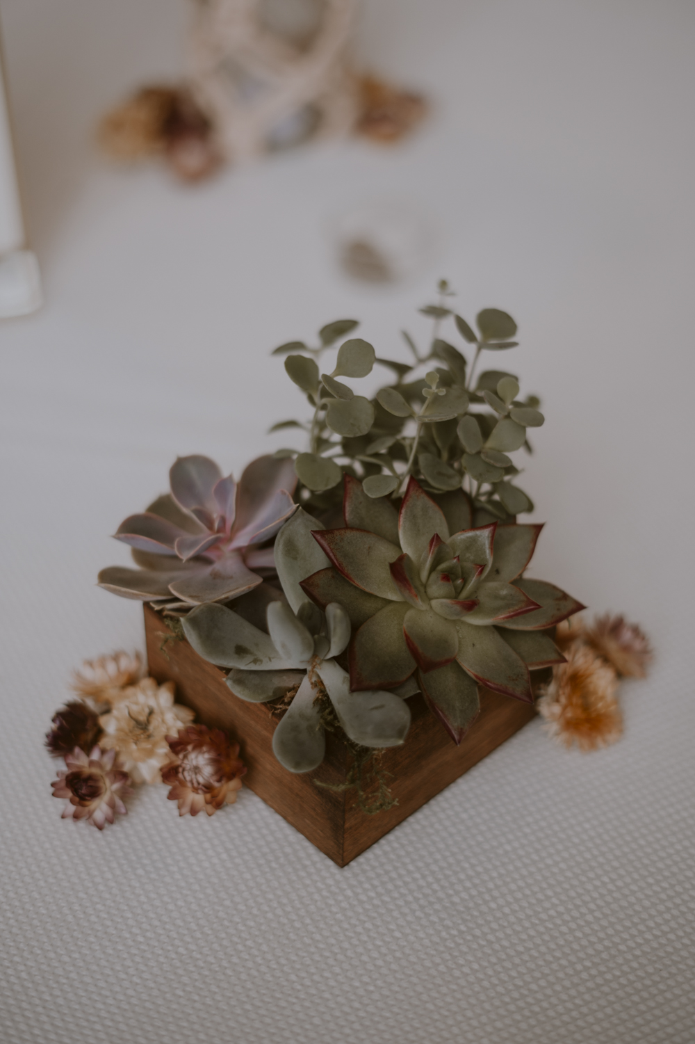 Slindon House Wedding Sasha Weddings Table Centrepiece Wooden Box Succulents